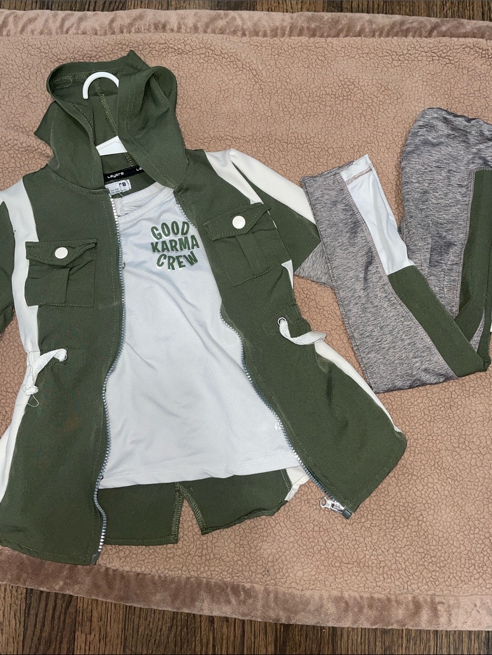 Good Karma Crew Olive & White Kids Hooded Jacket Set